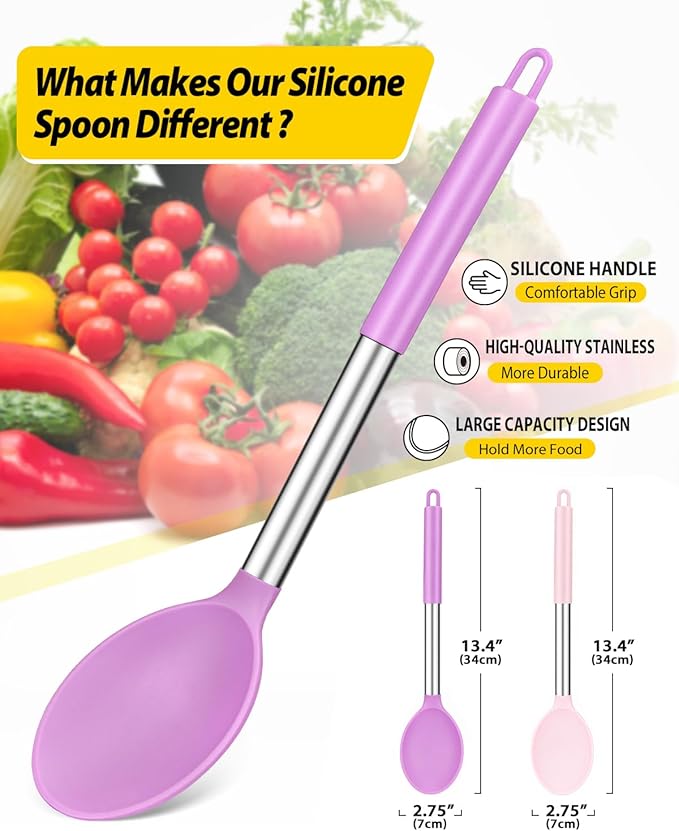 Pack of 2 Large Silicone Cooking Spoon Non Stick Solid Basting Spoons Heat-Resistant Kitchen Utensils for Mixing Serving (Pink-Purple)