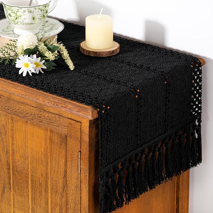 Socomi Boho Table Runner Macrame Easter Spring Farmhouse Woven Cotton Linen Rustic Coffee Table Runner with Tassels for Dresser Scarf Home Decor Dining Room 12x90 inch Black