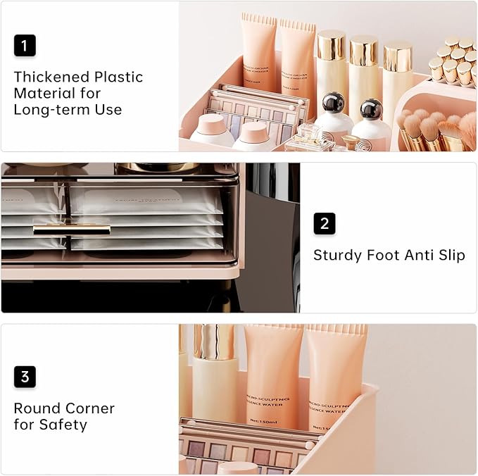 Makeup Organizer for Vanity with Brush Holder, Large Plastic Bathroom Countertop Skincare Organizer with 2 Drawers, Spacious Cosmetic Display Case for Perfumes, Eyeshadow Palettes, Nail Polishes