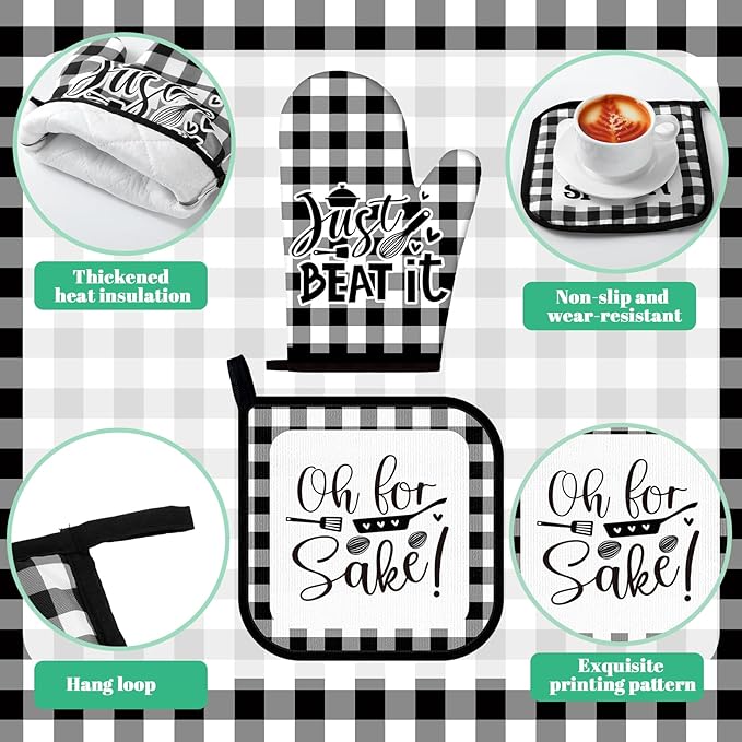 Fourluoo 12 Pcs Checkered Buffalo Kitchen Oven Mitts and Pot Holders Black and White Dish Towels Farmhouse Kitchen Decor Accessories Set for Chef Baking Cooking Grilling BBQ Women Mom Gift