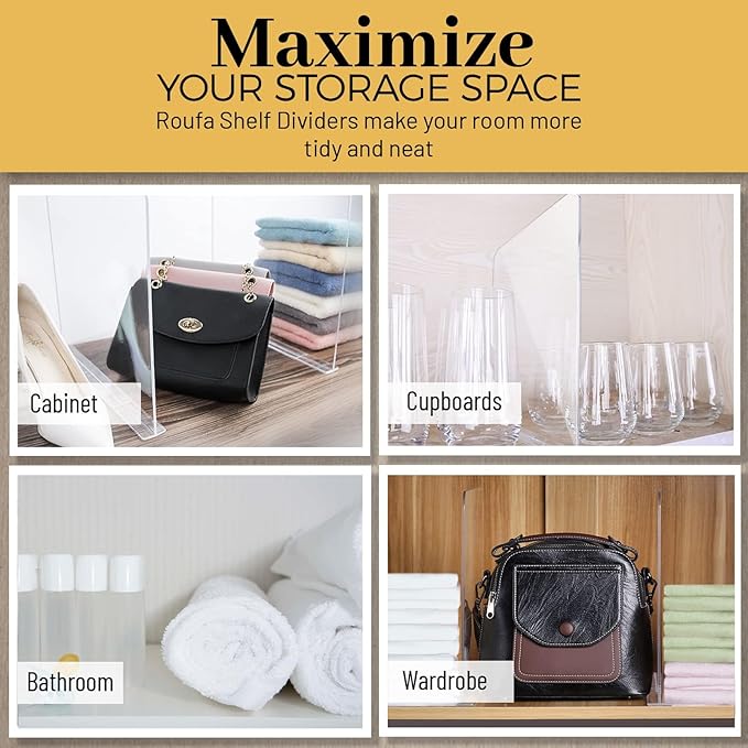 ROUFA Acrylic Shelf Dividers for Closet Shelf Organizer, 10Pcs Clear Wood Closet Divider Separator for Storage and Organization, Bedroom Organizer for Any Thickness of Shelves, 11.8''x11''