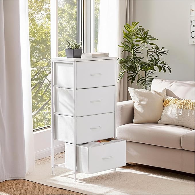 Sweetcrispy Nightstand Small Bedroom Dresser with 4 Fabric Drawers, Bed Side Furniture End Table, Wooden Top Cabinet Night Stand Dresser for Closet, Entryway, Dorm