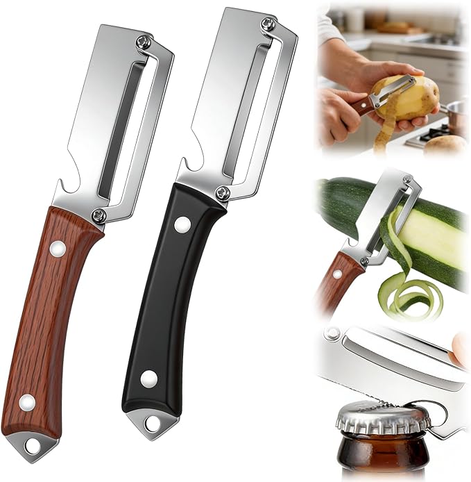 2Pcs Premium Vegetable Peeler with Wooden Handle and Bottle Opener, 3 in 1 Multifunctional Stainless Steel Blade Kitchen Tool for Potato Fruit Pineapple Pumpkin Papaya Carrot Veggie Peeler (Mix)