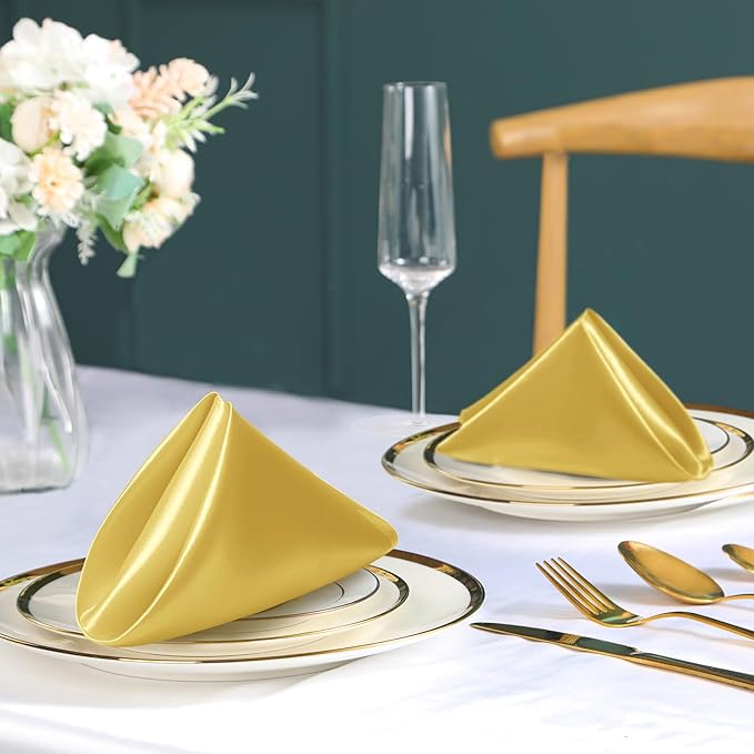 100 Pack Gold Satin Napkins and Napkin Rings Set, 12 x 12 Inch Silky Soft Cloth Napkins Set of 50, Square Satin Dinner Table Napkins Bulk for Wedding Banquet Graduation Party Decoration