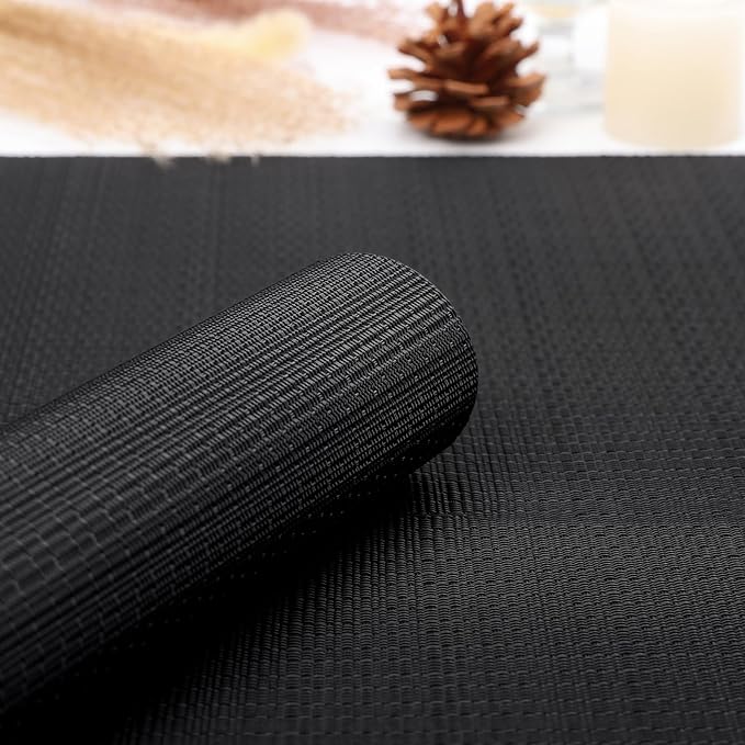 Myir JUN Placemats Set of 6, Vinyl Woven Placemats Place Mats Indoor Washable Table Mats Non-Slip Place mats for Dining Table (Black, Set of 6)