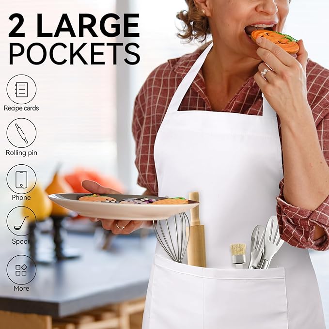2 Packs White Apron, Adjustable Cooking Aprons, Waterdrop Resistant Kitchen Aprons for Women Men Chef, BBQ Drawing(White,2)