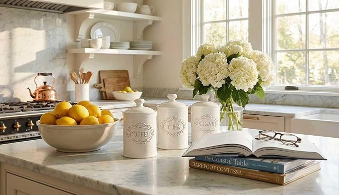 Relief Vine Ceramic Canisters Sets For The Kitchen For Countertop Set of 3 Airtight Coffee Canisters For Ground Coffee Sugar Container Storage Jars With Lids Farmhouse Decor Tea caddies