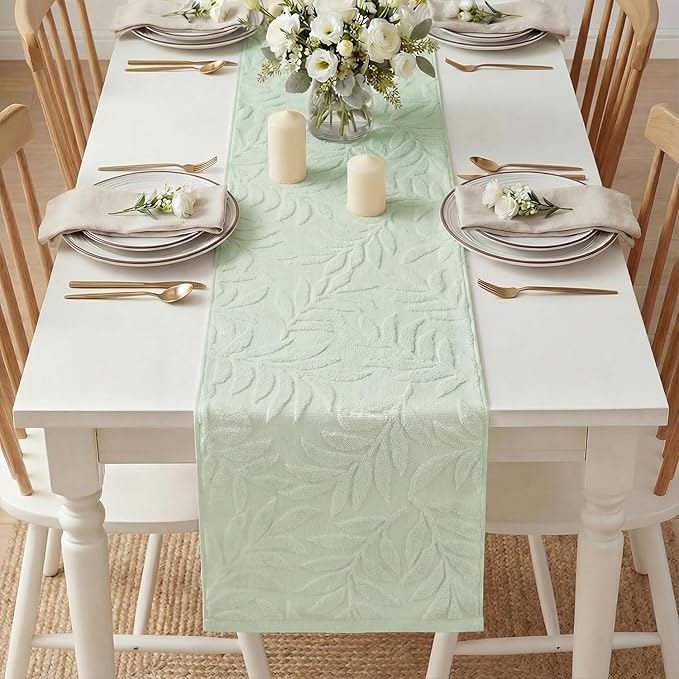 Artoid Mode Sage Green Soft Cotton Jacquard Leaves Spring Table Runner, Holiday Kitchen Dining Table Decoration for Home Party Decor 13x72 Inch