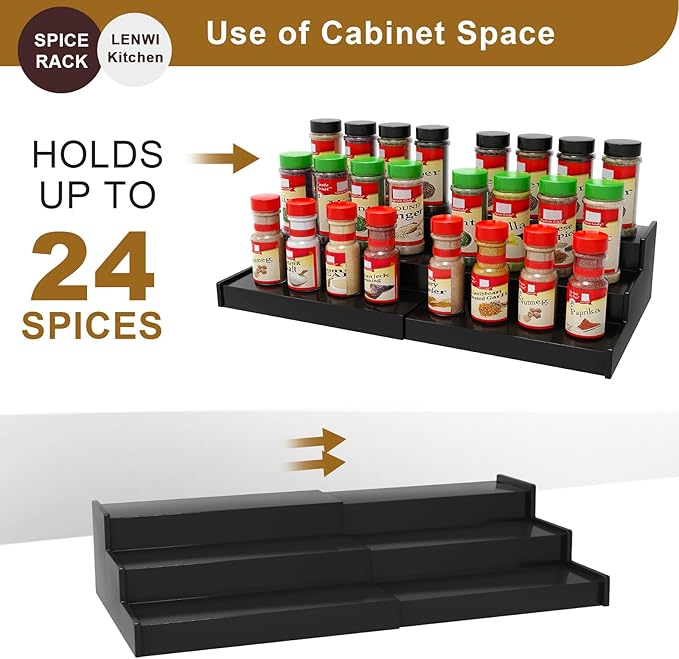 Lenwi Spice Rack Organizer for Cabinet 2 Pack, 3 Tier Expandable Bamboo Spice Storage for Kitchen Cupboard Pantry, Black