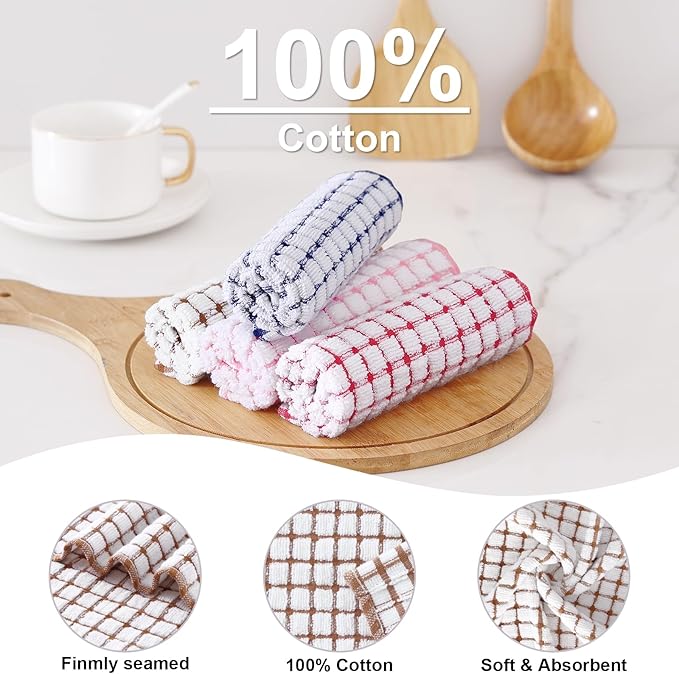 Kitinjoy Cotton 12 Pack Terry Kitchen Towels, 16 x 25 Inches Super Soft and Absorbent Dish Towels, Quick Drying Hand Towels for Kitchen Drying, Brown