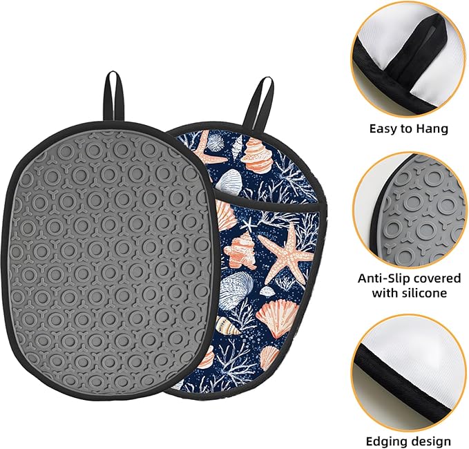 Seashell Silicone Pot Holders Set of 2, Heat Resistant up to 500°F, Non-Slip Kitchen Hot Pads with Pocket and Soft Quilted Cotton Lining for Baking, Cooking and Hot Pots