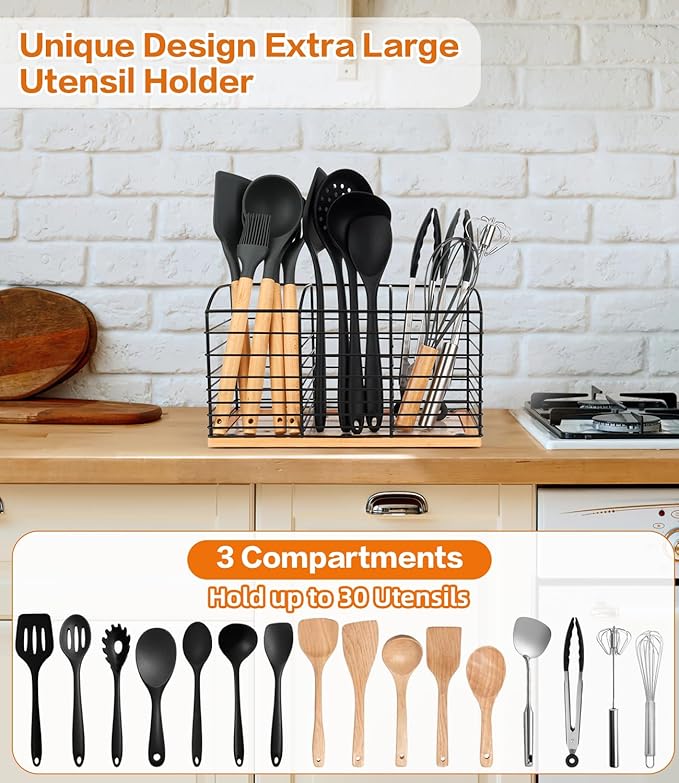 Large Utensil Holder for Kitchen Counter - 11.8"x 6.7"x 4.7", 3 Compartments Aesthetic Design, Kitchen Utensil Holder Utensil Organizer (Metal+Bamboo)