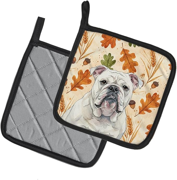 Caroline's Treasures White English Bulldog Heirloom Fall Pair of Pot Holders Pair 7.5x7.5 Quilted Insulated Hot Pads Decorative Kitchen Gift Made in USA