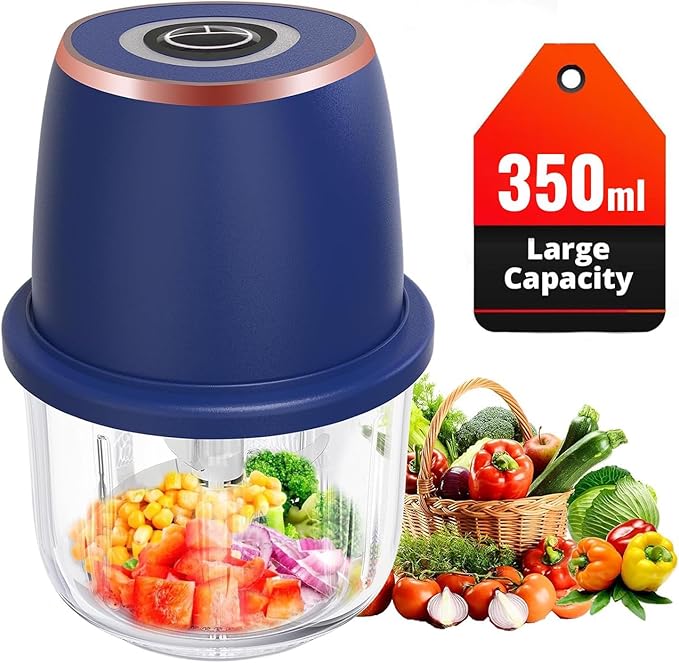 Electric Garlic Chopper 350ml, Powerful Portable Mini Food Processor, 1 Head 6 Blades, 1200mAh USB Rechargeable One-Touch Mincer for Garlic, Onion & Herbs, Auto Shut-Off, Noise-Reducing Base(Blue)