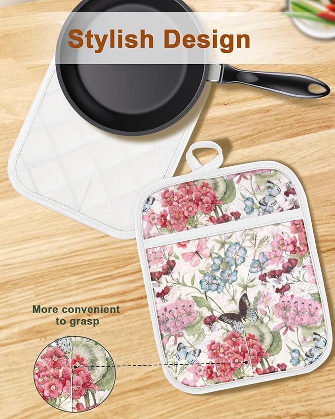 Swooflia 100% Cotton Pot Holders 2 Pack Set for Kitchen with Pockets - Cute 440°F Heat Resistant Oven Hot Pads Heavy Duty for Countertop Home Cooking Baking Microwave BBQ Butterfly Floral