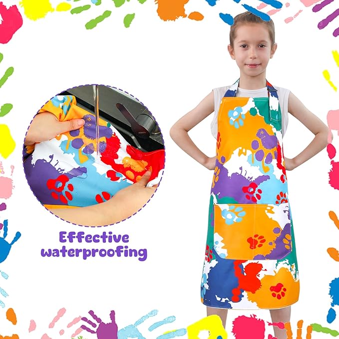 2 Pack Kids Apron, Cute Cooking Aprons, Waterproof Art Apron with Pockets, Toddler Painting Artist Apron Adjustable