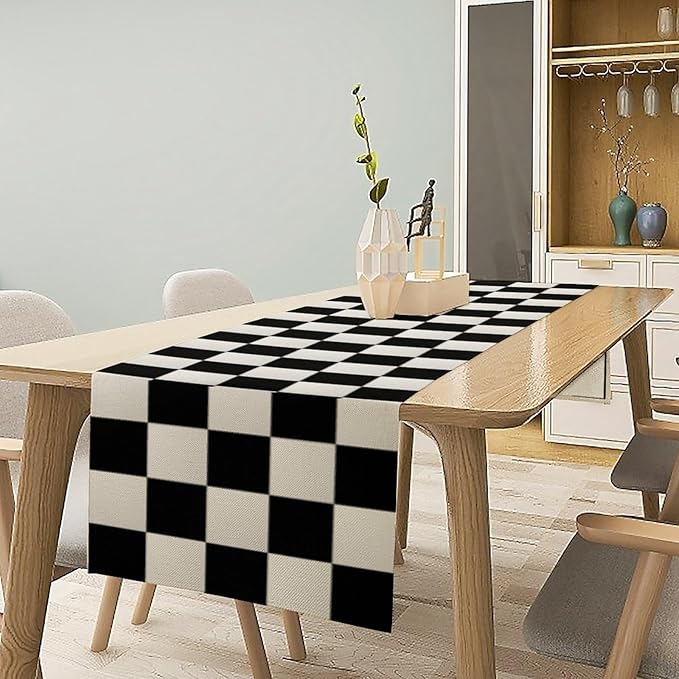 Black White Plaid Table Runner Racing Party Theme Runner for Home Kitchen Birthday Party Dining Table Living Room Decor Fabric 1 Panel W13xL70in