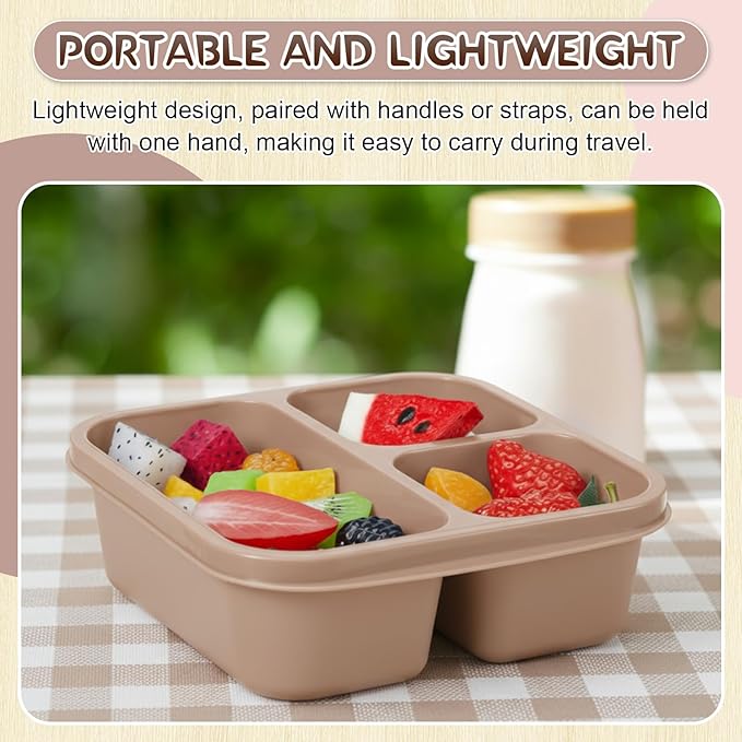 Honeydak 5 Pack Snack Containers 3 Compartment Bento Snack Boxes Divided Meal Prep Containers with Lids Reusable Adults Lunch Food Storage Box for School Work Travel(Cream Brown)