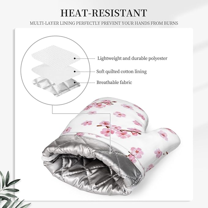 Pink Cherry Blossom Oven Mitts and Pot Holders 4 pcs Set Silicone Watercolor Flowers Blooming Branches Floral Kitchen Oven Mitt Gloves Pot Holders Non-Slip Heat Resistant Cooking Mitts Set