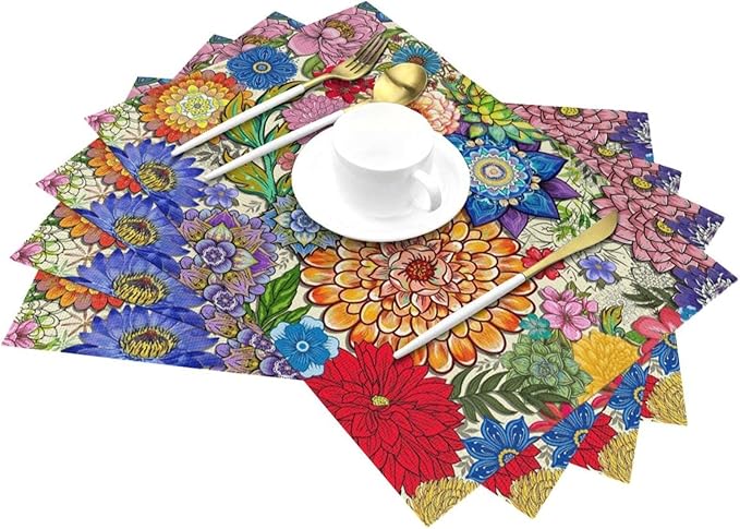 Boho Floral Linen Placemats Set of 4, 12x18 Inch Colorful Bohemian Flower Table Mats, Washable Non-Slip Heat Resistant Dining Mats for Kitchen Home Party Farmhouse, Spring Easter Festival Home Decor