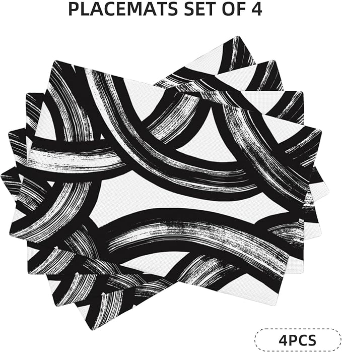 Black and White Curve Patterned Linen Placemats Set of 4, Washable Non-Slip Heat-Resistant Modern Abstract Art Decorative Kitchen Table Mats for Kitchen Dining Table Home Party Farmhouse, Home Decor