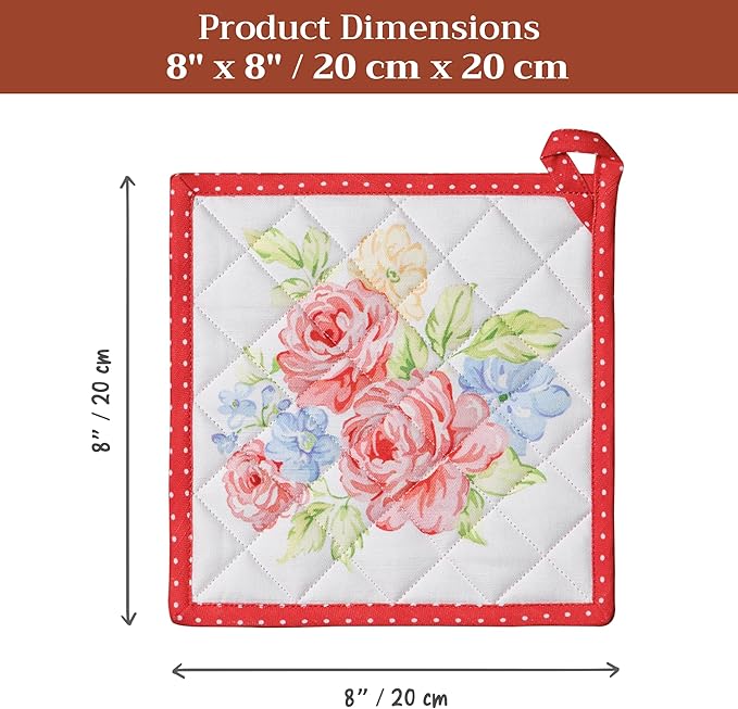 Maison d' Hermine Pot Holders 100% Cotton Heat Resistant Potholders 8" x 8" Hot Pads with Loop BBQ Cooking Baking Gifts for Mothers Day Handling Hot Pans Spring/Summer (Pack of 1, Vintage Floral)