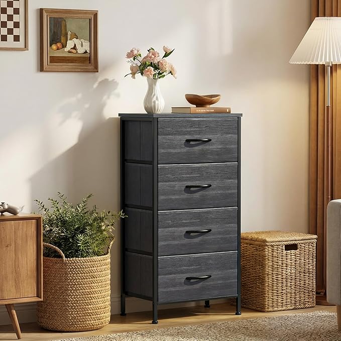 Sweetcrispy Nightstand Small Bedroom Dresser with 4 Fabric Drawers,Bed Side Furniture End Table,Wooden Top Cabinet Night Stand Dresser for Closet,Entryway,Dorm,Black Wood Grain