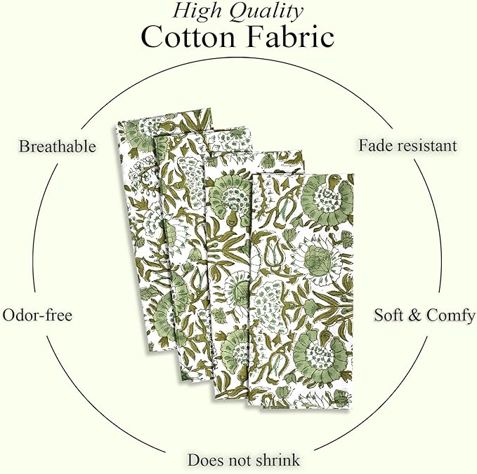 CPC Agate Green Indian Block Print Cotton Cloth Napkins Set of 4, 18x18 Reusable Everyday Napkins, Soft, Absorbent, Floral Dinner Napkin, Holiday, Party Gift, Spring,Mother's Day