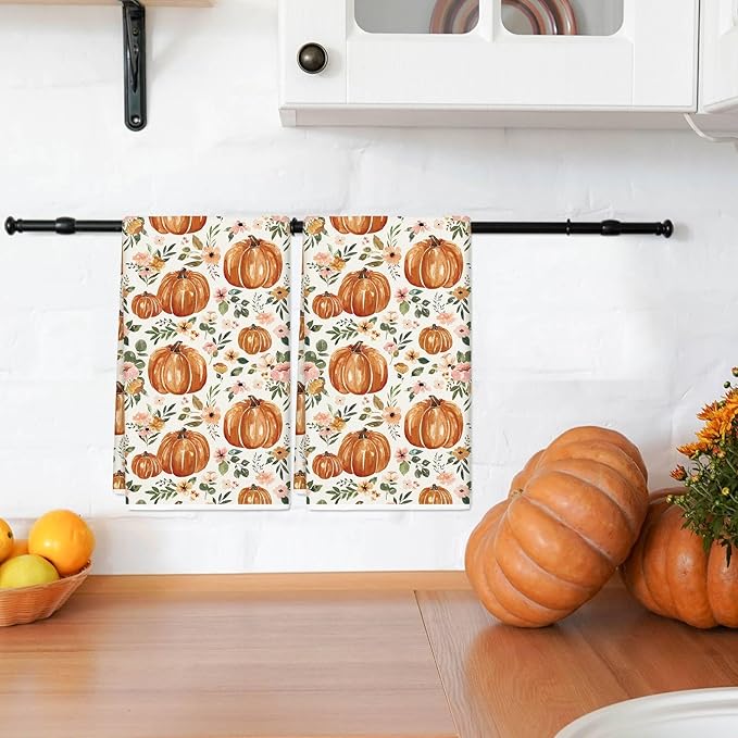 JarThenaAMCS Fall Kitchen Dish Towel 18 x 28 Inch Floral Pumpkin Dishcloth Rustic Autumn Farmhouse Hand Drying Tea Towel for Thanksgiving Cooking Baking, Set of 2