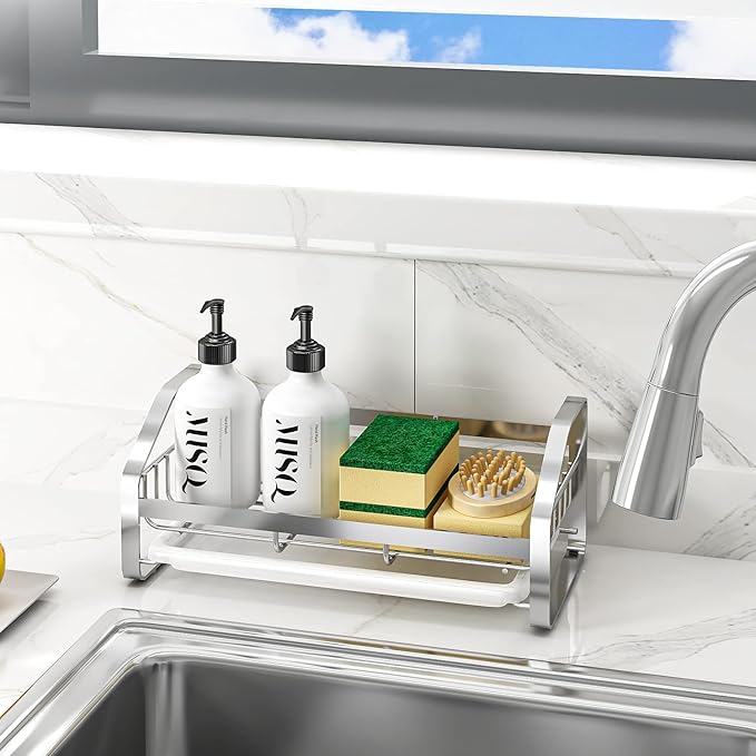 BSKSSK Sink Caddy,Sponge Holder for Kitchen Sink, Kitchen Bathroom Sink Organizer,304 Stainless Steel Kitchen Countertop Organizer Soap Tray with Removable Drain Tray Length Version - Silver