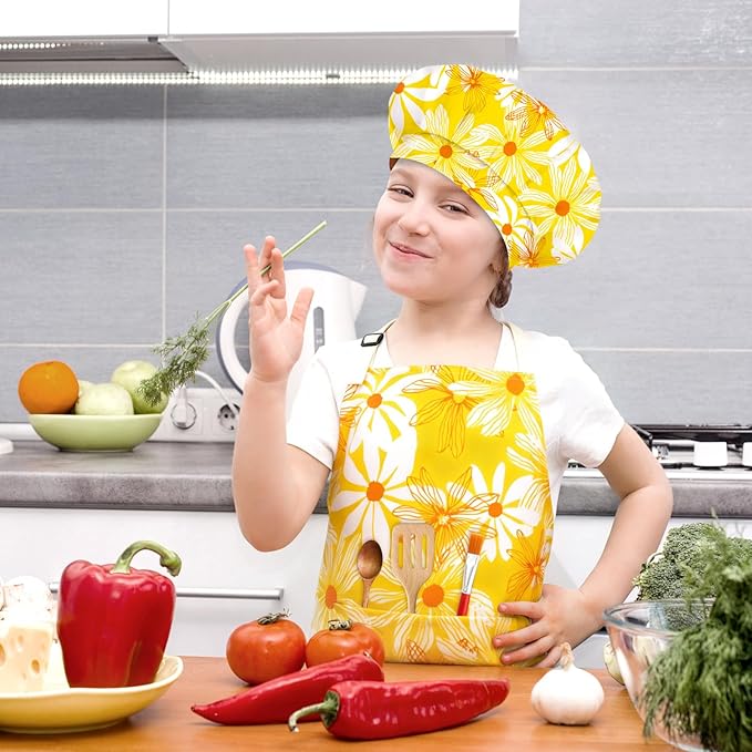 Kids Chef Hat and Apron, Adjustable Kids Aprons with Pocket Girls Boys Kitchen Toddler Aprons for Cooking Baking