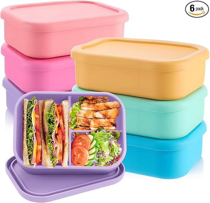 Layhit 6 Pcs Silicone Bento Box for Adults, 27 oz Bento Lunch Container 3 Compartment Lunchable Food Container for Women Men, Leak Proof Microwave Dishwasher Freezer Safe (Fluorescent Multicolor)