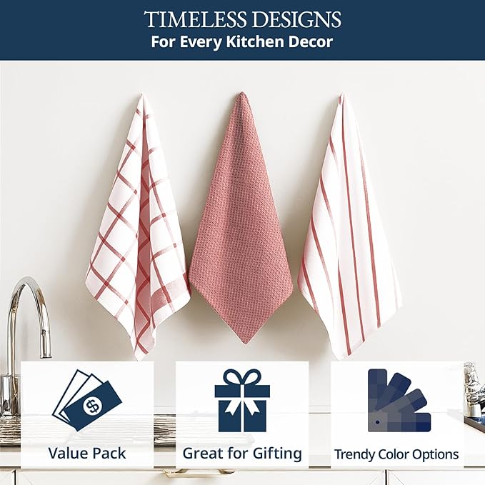 LANE LINEN 100% Cotton Kitchen Towels Set, 6-Pack – Premium, Absorbent, Quick-Drying Dish Towels, Tea Towels, 18" x 28" - Red