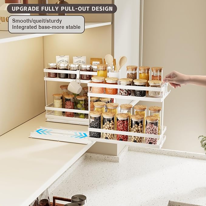 Magheo Pull Out Spice Rack Organizer for Cabinet, 4 Pack Metal Seasoning Organizer Slide Out Spice Storage Shelf No Assembly Vertical Spice Rack Pullout for Kitchen & Bahthroom No Drill(2 Tier,White)
