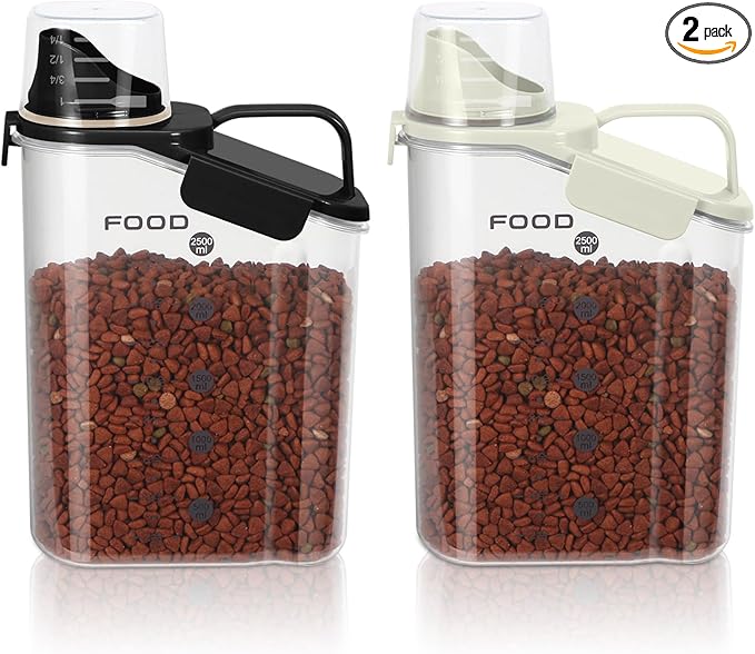 LEAWALK 3-5LBS Airtight Pet Food Storage Container PBA-free,With Large Nozzle/Measuring Cup/ 4 Press Buckle for Dogs, Cats, Birds, Chicken Lndoor and Outdoor Use (Black + Beige) 2 Pack