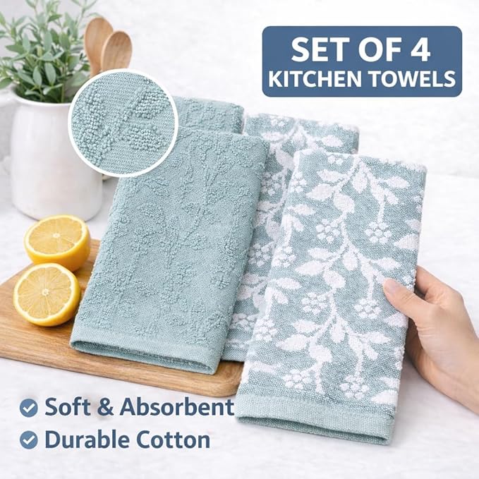 MosJos Kitchen Towels, Blue and White Floral Cotton Hand Towels 4 Pack Absorbent Hand Drying Cloths, 18 x 28 Kitchen Linens