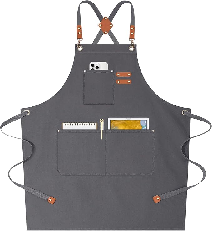 AFUN Chef Aprons for Women Men with Oversized Pockets, 12-Ounce Cotton Canvas Cross Back Water Repellent Apron (Grey)