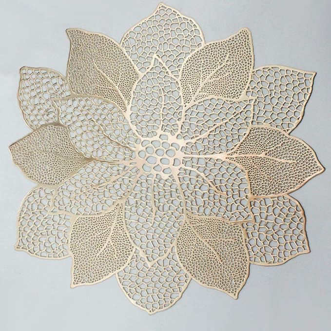 Gold Round Placemats for Dining Table Set of 6 Pressed Vinyl Metallic Table Mats Hollow Out Hibiscus Flower Place Mats for Dinner Decor Holiday Wedding Accent Centerpiece