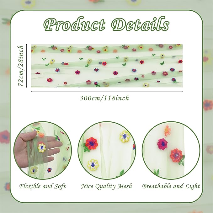YATOJUZI Green Table Runner Embroidery Daisy Summer Floral Decorations Seasonal Tulle Dining Table Runners for Home Kitchen Decor Wedding Shower Party