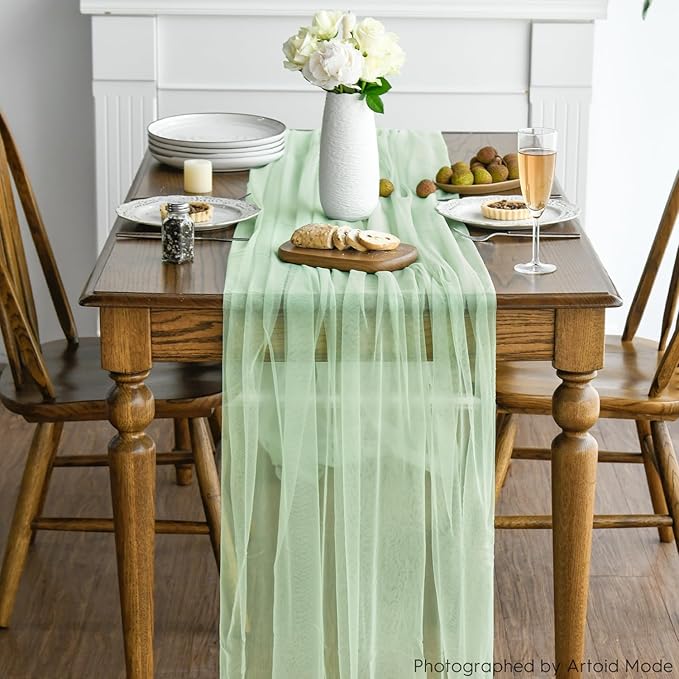 Artoid Mode Light Green Gauze Table Runner 120 Inch 10FT, Seasonal Sheer Kitchen Dining Holiday Wedding Birthday Baby Shower Table Decor for Home Party