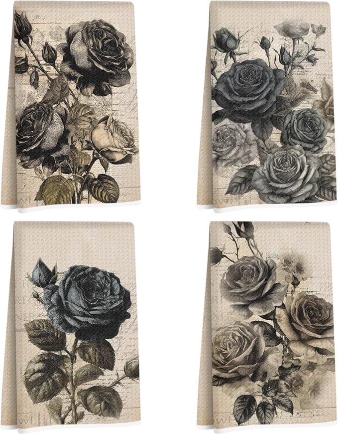 4 Pcs Black Rose Kitchen Towels, Dark Aesthetic Decorative Absorbent Microfiber Dish Cloth Tea Towel, Vintage Waffle Soft Hand Towels for Farmhouse Home Bathroom, Rose Gifts