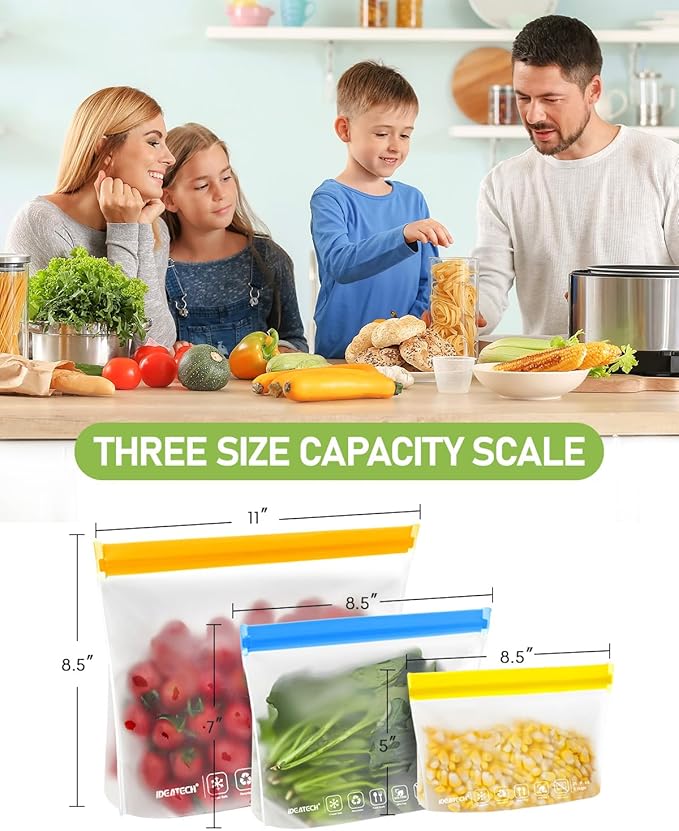 IDEATECH Quart Freezer Bags, BPA Free PEVA Reusable Sandwich Snack Bags, Quart Size Food Baggies Containers for Travel, Lunch, Healthy Food (Grey, 10Pack-10Quart)