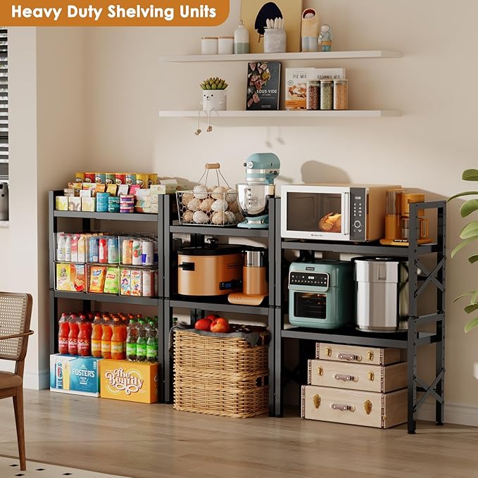 Expandable Pantry Shelves, 17-28 Inch Adjustable Kitchen Storage Shelf Organizer, 6-Level Height Heavy Duty Metal Shelving Unit 110LBS Capacity, for Cabinet Countertop Spice Rack, Black
