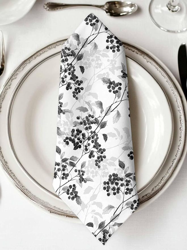 Black Grey Cloth Napkins Set of 6 - Washable Dinner Napkins Reusable Table Napkins for Home Party Weeding Dining Table Setting Decoration,Oversized 20"x20" Spring Modern Herb Wildflower Floral Plant