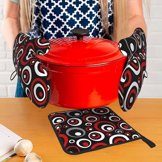 Retro Red Circles Oven Mitt and Pot Holder Set (3-Piece) - Heat Resistant Non-Slip Modern Geometric Gloves Gift for Chef Cooking Baking Grilling BBQ Lovers, Stylish Kitchen Decor, Red White Black Grey