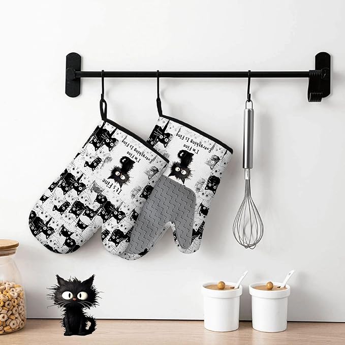 Black Cat Oven Mitts and Pot Holders Sets 3PCS, Cat Silicone Heat Resistant Oven Mitts Birthday Gifts for Cats Lover, Cute Cats Pot Holder Non-Slip Silicone Oven Gloves for Mom Wife Sister BFF