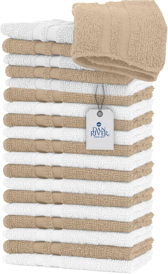 DAN RIVER 100% Cotton Washcloths 20 Pack Premium Quality Face and Body Cloth, Quick Dry Essential Towels for Bathroom, Hand, Kitchen & Cleaning, Baby Washcloths | 11X11 in | 400 GSM | Tan + White