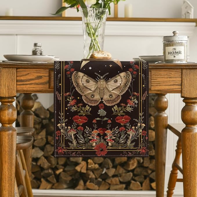 Artoid Mode Poppy Moth Mushroom Moon Fall Table Runner, Seasonal Autumn Kitchen Dining Table Decoration for Home Party Decor 13x36 Inch