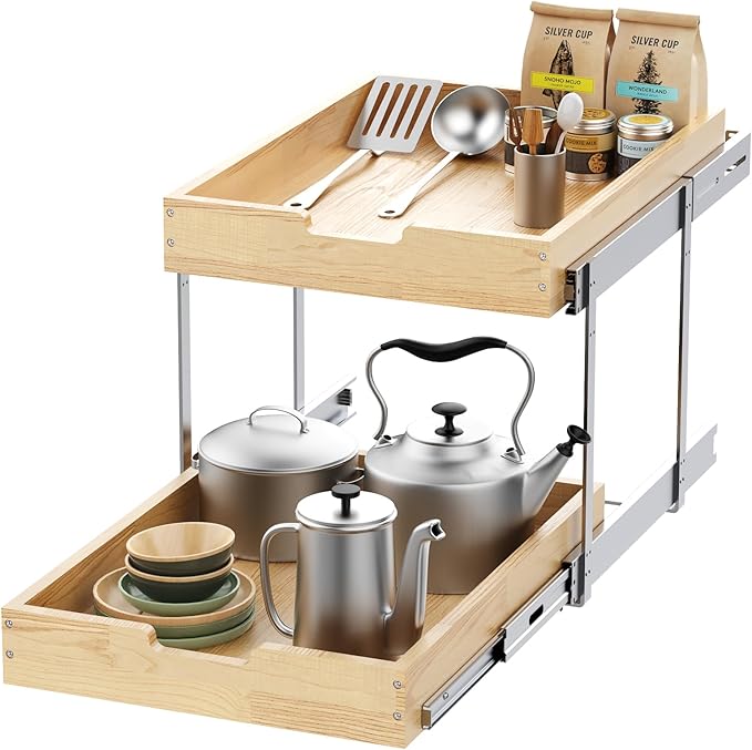 Sikarou Wood Pull Out Cabinet Organizer 2 Tie 14" W x 21" D, Heavy-Duty Sliding Drawers for Inside Cabinets Storage and Organization for Kitchen, Pantry, Bathroom