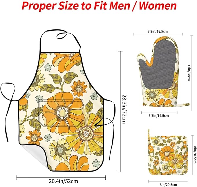 Retro 70s Style Flower Oven Mitts Pot Holders Cooking Apron Set of 5 Silicone Kitchen Glove Apron Non-Slip Heat Resistant for Chef Baking Cooking Grilling BBQ
